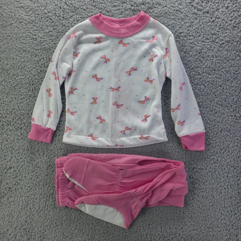 Vintage Toddletime JCPenney Girls Pink Bow Waffle Knit Footed Pajama Set Size 4